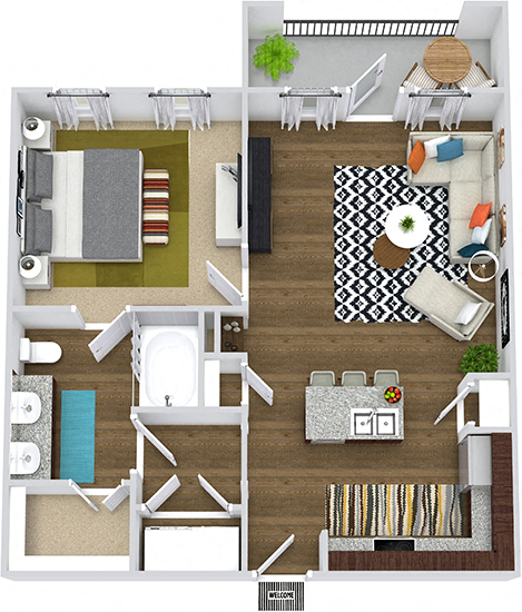 Floor plan for 1 bed, 1 bath, 751 sqft